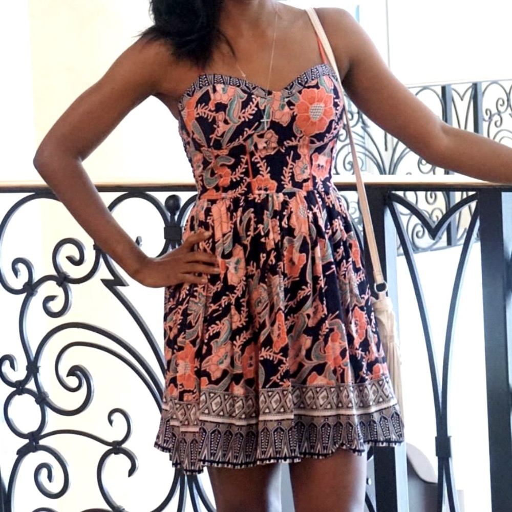 band of gypsies Boho Floral Mini Navy and Coral Sundress Size XS